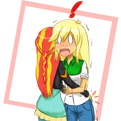 Size: 1000x1000 | Tagged: safe, artist:jumboz95, applejack, sunset shimmer, equestria girls, g4, blushing, braid, butt touch, duo, exclamation point, female, hand on butt, lesbian, molestation, ship:appleshimmer, shipping, surprised