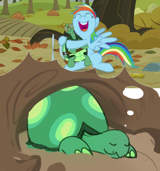 Size: 1280x1367 | Tagged: safe, artist:beaty, rainbow dash, tank, g4, my little pony: friendship is magic, tanks for the memories, cute, dashabetes, dream, exploitable meme, hibernation, hug, meme, sleeping, tank's dream