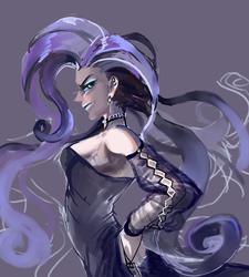 Size: 900x1000 | Tagged: safe, artist:han_hyui, nightmare rarity, human, g4, breasts, choker, clothes, dress, ear piercing, earring, eyeshadow, female, fingerless elbow gloves, glare, helix piercing, humanized, lipstick, looking at you, piercing, sideboob, solo