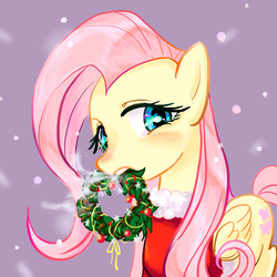 Size: 800x800 | Tagged: safe, artist:han_hyui, fluttershy, g4, bedroom eyes, blushing, breath, clothes, female, looking at you, mouth hold, santa costume, smiling, snow, snowfall, solo, wreath