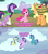 Size: 677x765 | Tagged: safe, screencap, applejack, clear skies, open skies, pinkie pie, spike, sunshower, twilight sparkle, dragon, earth pony, pegasus, pony, unicorn, feeling pinkie keen, g4, my little pony: friendship is magic, tanks for the memories, bandage, butt, caption, cloud, cloudy, female, flying, image macro, impact font, male, mare, meme, pink text, plot, pun, purple text, stallion, unicorn twilight, yo