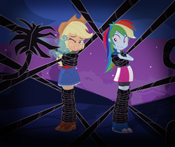 Size: 1024x862 | Tagged: dead source, safe, artist:radiantrealm, applejack, rainbow dash, human, equestria girls, g4, black vine, bondage, boots, cowboy boots, duo, duo female, female, one eye closed, plant bondage, poison vine, rainbond dash, scared, shoes, show accurate, tentacle bondage, tentacles, tied up, vine, vine bondage