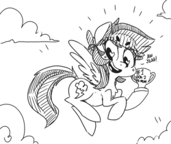 Size: 1000x843 | Tagged: safe, artist:xieril, rainbow dash, pegasus, pony, g4, beanbrows, chest fluff, cloud, eyebrows, eyebrows visible through hair, female, flying, grayscale, happy, heart eyes, holding, hoof hold, mare, monochrome, open mouth, preggo dash, pregnant, solo, spread wings, talking, trophy, wingding eyes, wings
