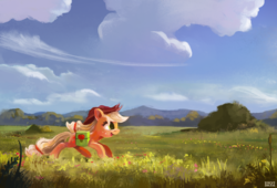 Size: 1920x1305 | Tagged: safe, artist:ajvl, applejack, earth pony, pony, g4, bag, digital painting, female, field, mare, outdoors, running, saddle bag, scenery, smiling, solo