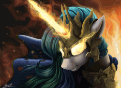 Size: 900x655 | Tagged: safe, artist:equum_amici, artist:yakovlev-vad, princess celestia, pony, g4, angry, animated, armor, badass, cinemagraph, epic, female, glare, glowing eyes, glowing horn, gritted teeth, horn, magic, solo, warrior celestia