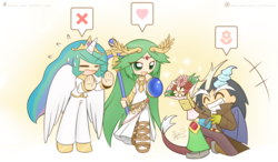 Size: 2400x1400 | Tagged: safe, artist:howxu, discord, princess celestia, human, blushing, crossover, crossover shipping, female, flower, horned humanization, humanized, kid icarus, male, palutena, shipping, straight, winged humanization