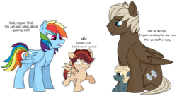 Size: 1485x807 | Tagged: safe, artist:dbkit, dumbbell, rainbow dash, oc, oc:cherry bomber, oc:hightide, pegasus, pony, g4, dumbdash, female, male, nervous, offspring, parent:dumbbell, parent:rainbow dash, parents:dumbdash, shipping, simple background, story included, straight, transparent background