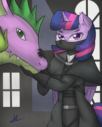 Size: 1024x1280 | Tagged: safe, artist:wolfy-pony, spike, twilight sparkle, anthro, g4, bloodborne, twilight sparkle (alicorn)