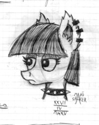 Size: 627x786 | Tagged: safe, artist:mane-shaker, maud pie, g4, collar, ear fluff, ear piercing, female, gothic twilight, helix piercing, lined paper, monochrome, piercing, solo, traditional art