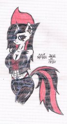 Size: 662x1206 | Tagged: safe, artist:mane-shaker, oc, oc only, oc:shakie, unicorn, anthro, abs, anthro oc, breasts, clothes, female, leather jacket, leather pants, lined paper, looking at you, panties, piercing, rule 63, smirk, solo, thong, traditional art, underwear