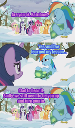 Size: 416x701 | Tagged: safe, edit, edited screencap, screencap, applejack, fluttershy, pinkie pie, rainbow dash, rarity, tank, twilight sparkle, alicorn, pony, g4, tanks for the memories, blue text, caption, female, floppy ears, frown, hug, image macro, mare, meme, open mouth, purple text, reality ensues, sad, snow, this will end in jail time, twilight sparkle (alicorn)