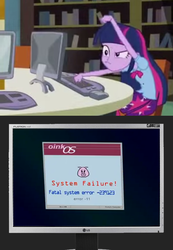 Size: 615x890 | Tagged: safe, twilight sparkle, equestria girls, g4, computer, exploitable meme, looney tunes, meme, system failure