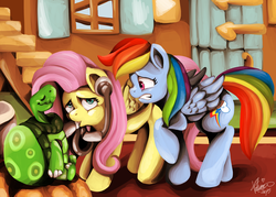 Size: 1024x734 | Tagged: safe, artist:shivall, fluttershy, rainbow dash, tank, g4, tanks for the memories, doctor fluttershy, listening, stethoscope