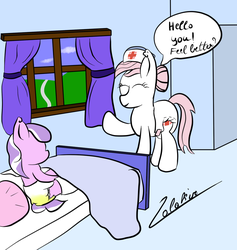 Size: 970x1024 | Tagged: dead source, safe, artist:zalakir, diamond tiara, nurse redheart, earth pony, pony, g4, bed, diaper, female, filly, foal, hospital, leg cast, mare, non-baby in diaper, urine, wet diaper