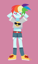 Size: 880x1500 | Tagged: safe, artist:magneticskye, rainbow dash, equestria girls, g4, 20% cooler, alternate clothes, alternate hairstyle, belly, boots, clothes, female, lineless, looking at you, midriff, shoes, short shirt, simple background, smiling, solo, teeth