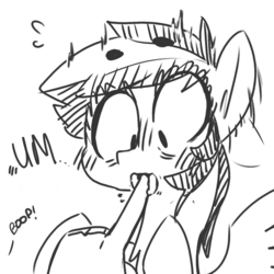 Size: 600x600 | Tagged: safe, artist:xieril, rainbow dash, g4, beanbrows, blushing, boop, couch, hand, monochrome, rolled tongue, tongue out