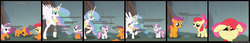 Size: 4350x750 | Tagged: safe, artist:ivanpqwerty, apple bloom, princess celestia, scootaloo, sweetie belle, alicorn, earth pony, pegasus, pony, unicorn, g4, comic, cutie mark crusaders, dialogue, female, filly, foal, implied foalcon, mare