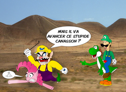 Size: 1364x999 | Tagged: safe, artist:zefrenchm, pinkie pie, earth pony, human, pony, yoshi, g4, crossover, french, humans riding ponies, luigi, male, nintendo, riding, super mario bros., translated in the description, wario