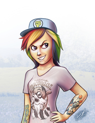 Size: 2000x2596 | Tagged: safe, artist:eternyan, rainbow dash, human, g4, female, high res, humanized, solo, tattoo