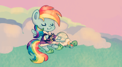 Size: 1024x560 | Tagged: safe, artist:chiuuchiuu, rainbow dash, tank, g4, tanks for the memories, bathrobe, book, chibi, clothes, dashie slippers, reading, robe, sleeping, tank slippers