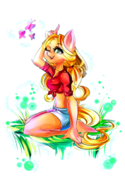 Size: 2893x4092 | Tagged: safe, artist:minamikoboyasy, applejack, butterfly, anthro, g4, belly button, clothes, female, front knot midriff, midriff, shorts, simple background, solo, transparent background, wink