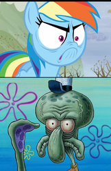 Size: 844x1304 | Tagged: safe, rainbow dash, g4, tanks for the memories, bloodshot eyes, comparison, do i look angry, does this look unsure to you?, hat, just one bite, krusty krab hat, male, meme, spongebob squarepants, squidward tentacles