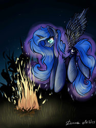 Size: 1024x1365 | Tagged: safe, artist:donnamist, princess luna, g4, bruised, campfire, female, flying, night, solo