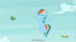 Size: 1281x715 | Tagged: safe, screencap, rainbow dash, tank, g4, my little pony: friendship is magic, tanks for the memories, meme, youtube caption