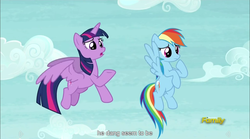 Size: 1282x714 | Tagged: safe, screencap, rainbow dash, twilight sparkle, alicorn, pony, g4, tanks for the memories, female, mare, meme, twilight sparkle (alicorn), youtube caption