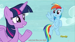 Size: 1281x715 | Tagged: safe, screencap, rainbow dash, twilight sparkle, alicorn, pony, g4, tanks for the memories, female, mare, meme, twilight sparkle (alicorn), youtube caption