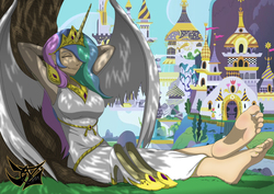 Size: 4961x3508 | Tagged: safe, artist:dazidentevil, princess celestia, human, g4, alicorn humanization, armpits, bare legs, barefoot, breasts, busty princess celestia, canterlot, feet, female, foot fetish, grass, high heels, horn, horned humanization, humanized, nail polish, relaxing, shoes, shoes removed, sleeping, soles, solo, toenail polish, toes, winged humanization
