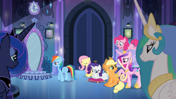 Size: 1366x768 | Tagged: safe, screencap, applejack, fluttershy, pinkie pie, princess cadance, princess celestia, princess luna, rainbow dash, rarity, alicorn, earth pony, pegasus, pony, unicorn, equestria girls, g4, my little pony equestria girls, female, mirror, remane five