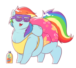 Size: 653x589 | Tagged: safe, artist:secretgoombaman12345, rainbow dash, pegasus, pony, ask chubby diamond, g4, tanks for the memories, butt, clothes, fat, female, impossibly large butt, obese, plot, rainblob dash, shutter shades, simple background, solo, sunglasses, sunscreen, swimsuit, tight clothing, transparent background, winter swimsuit