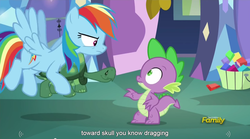 Size: 1280x713 | Tagged: safe, screencap, rainbow dash, spike, tank, g4, my little pony: friendship is magic, tanks for the memories, meme, youtube caption