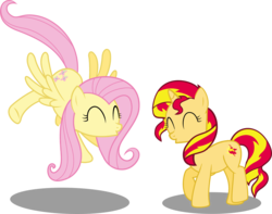 Size: 4213x3320 | Tagged: safe, artist:shutterflyeqd, fluttershy, sunset shimmer, pegasus, pony, unicorn, g4, ^^, dancing, duo, duo female, eyes closed, female, mare, simple background, transparent background, vector
