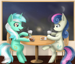 Size: 600x514 | Tagged: safe, artist:chanceyb, bon bon, lyra heartstrings, sweetie drops, earth pony, pony, unicorn, g4, coffee, cookie, crossed legs, moon, night, open mouth, ponies sitting like humans, reflection, sitting, skyline, smiling, talking, window