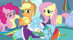 Size: 1279x713 | Tagged: safe, screencap, applejack, fluttershy, pinkie pie, rainbow dash, tank, g4, tanks for the memories, crying, discovery family logo, iraq, meme, youtube caption