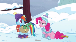 Size: 1280x711 | Tagged: safe, screencap, pinkie pie, rainbow dash, tank, g4, my little pony: friendship is magic, tanks for the memories, meme, youtube caption