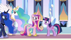 Size: 1366x768 | Tagged: source needed, safe, screencap, princess cadance, princess celestia, princess luna, twilight sparkle, alicorn, equestria girls, g4, alicorn tetrarchy, sisters-in-law, twilight sparkle (alicorn), where