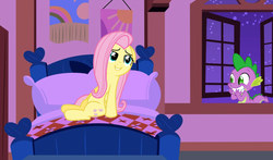 Size: 1366x801 | Tagged: safe, artist:ninja-bob, artist:sapphire-beauty0, hundreds of users filter this tag, fluttershy, spike, dragon, pegasus, pony, g4, bed, bedroom, bedroom eyes, female, male, mare, pillow, ship:flutterspike, shipping, show accurate, smiling, straight, vector