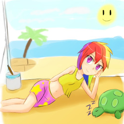 Size: 1000x1000 | Tagged: safe, artist:jumboz95, rainbow dash, tank, human, g4, belly button, clothes, humanized, midriff, pet, summer, swimming trunks, swimsuit, tank top, winter swimsuit