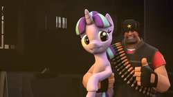 Size: 1191x670 | Tagged: safe, artist:the-lunar-brony, starlight glimmer, g4, 3d, crossover, heavy (tf2), heavy weapons guy, source filmmaker, team fortress 2, thumbs up