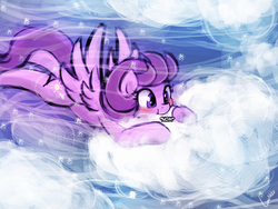 Size: 960x720 | Tagged: safe, artist:lumineko, clear skies, pegasus, pony, g4, tanks for the memories, 30 minute art challenge, blushing, cloud, cloudy, nom, solo