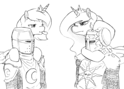 Size: 2232x1605 | Tagged: safe, artist:aisureimi, princess celestia, princess luna, oc, oc:lunaire, alicorn, human, pony, g4, 4chan, cewestia, cute, dark souls, female, filly, mare, monochrome, praise the moon, praise the sun, request, solaire of astora, tongue out, woona