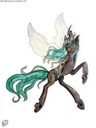 Size: 1200x1600 | Tagged: safe, artist:akureienomoto, queen chrysalis, changeling, changeling queen, g4, crown, fangs, female, green eyes, horn, jewelry, regalia, solo