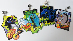 Size: 800x451 | Tagged: safe, artist:ponycandles, discord, king sombra, nightmare moon, queen chrysalis, g4, badge, con badge