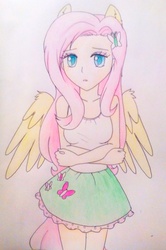 Size: 1322x1990 | Tagged: safe, artist:little-miss-oshawott, fluttershy, human, g4, clothes, eared humanization, equestria girls outfit, female, humanized, legs together, skirt, solo, tank top, traditional art, winged humanization