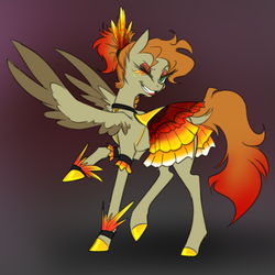 Size: 750x750 | Tagged: safe, artist:jitterbugjive, oc, oc only, oc:bracer, pegasus, pony, emw:mmmm, anklet, bedroom eyes, clothes, dock, dress, eyelashes, eyeshadow, feather, grin, looking at you, makeup, raised hoof, raised leg, smiling, spread wings, wink