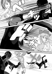 Size: 1024x1448 | Tagged: safe, artist:0ryomamikado0, applejack, pinkie pie, rainbow dash, human, zombie, comic:doki doki harmony, g4, black and white, comic, fight, fisticuffs, grayscale, hammer, humanized, manga, monochrome, war hammer