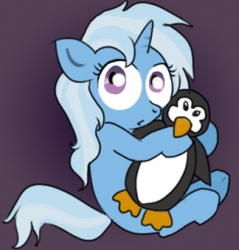 Size: 250x262 | Tagged: safe, artist:susiebeeca, trixie, bird, penguin, pony, unicorn, g4, fanfic art, female, mare, plushie, solo, younger